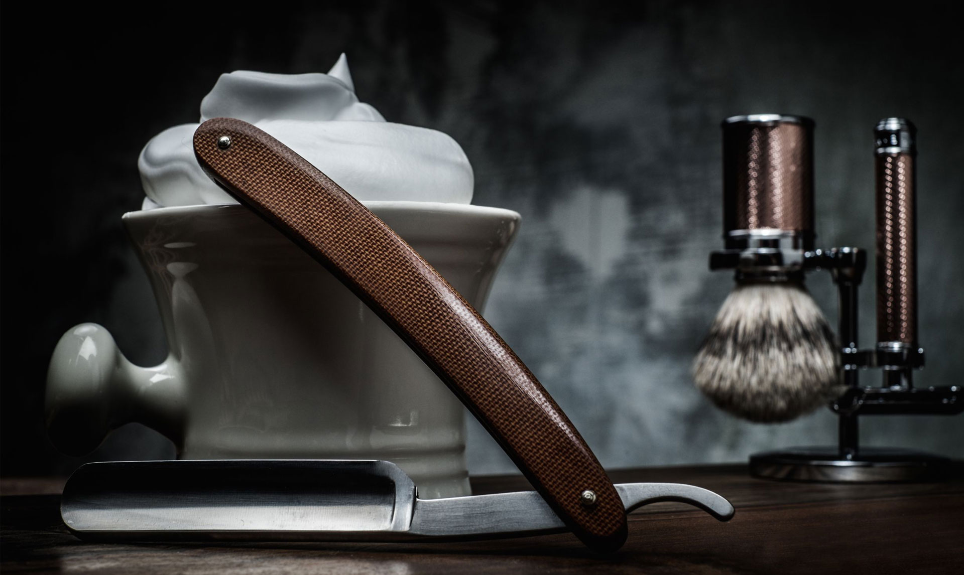 Straight razor, shaving brush and shaving cream